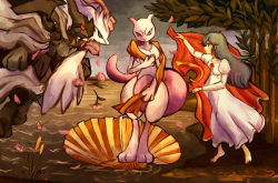 1girl ambertwo ambertwo_(pokemon) bad_id bad_pixiv_id dress fine_art_parody flower gen_1_pokemon gen_5_pokemon green_eyes green_hair kabocha_torute legendary_pokemon mewtwo nintendo parody pokemon pokemon:_the_first_movie_-_mewtwo_strikes_back pokemon_(anime) pokemon_(classic_anime) pokemon_(creature) reshiram scarf shell the_birth_of_venus water zekrom