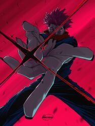 1boy artist_name black_jacket black_nails black_pants commentary covered_mouth extra_eyes eye_trail facial_tattoo finger_gun firing firing_at_viewer forehead_tattoo four_eyes hand_focus high_collar highres jacket jujutsu_kaisen jujutsu_tech_uniform kuroxcho light_trail looking_at_viewer male_focus own_hands_together pants red_background red_eyes red_hair ryoumen_sukuna_(jujutsu_kaisen) school_uniform short_hair solo spiked_hair tattoo undercut