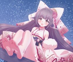 1girl animal_ears arbiter1 azur_lane black_hair blush bow detached_sleeves embarrassed feet foot_focus fur_trim hair_bow hair_ornament harutsuki_(a_dance_for_the_coming_spring)_(azur_lane) harutsuki_(azur_lane) highres japanese_clothes kimono long_hair looking_at_viewer no_shoes open_mouth panties panties_under_pantyhose pantyhose purple_hair ribbon short_kimono sitting soles solo toes underwear very_long_hair white_pantyhose yellow_eyes