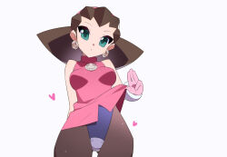 Rule 34 | 1girl, bare shoulders, black pantyhose, blue leotard, breasts, brown hair, clothes lift, cowboy shot, dress, dress lift, earrings, green eyes, heart, jewelry, kaidou zx, leotard, medium breasts, medium hair, mega man (series), mega man legends (series), pantyhose, pink dress, simple background, skull brooch, skull earrings, solo, tron bonne (mega man), white background