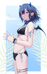 1girl absurdres alternate_costume bat_wings bikini black_bikini black_choker blue_hair blue_horns border bracelet choker cowboy_shot double-parted_bangs floating_hair front-tie_bikini_top front-tie_top hair_between_eyes heart heart_o-ring highres horns ichinose_uruha jewelry ji-rex lupinus_virtual_games medium_hair multiple_rings o-ring o-ring_bikini o-ring_thigh_strap outside_border parted_lips pink_eyes ring small_horns solo steepled_fingers swimsuit thigh_strap virtual_youtuber vspo! white_border wings