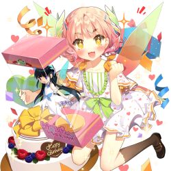 1girl birthday_cake black_shoes blunt_bangs box brown_socks cake doll dress food gift gift_box holding holding_box kanna_(uchihime) off-shoulder_dress off_shoulder pink_hair salt_(salty) shoes short_hair socks uchi_no_hime-sama_ga_ichiban_kawaii white_dress wings yellow_eyes