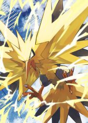 absurdres animal_focus beak bird cityscape colored_skin commentary_request electricity flying gara_(qbeuxvii22) gen_1_pokemon highres legendary_pokemon nintendo no_humans open_mouth pokemon pokemon_(creature) talons wings yellow_skin yellow_wings zapdos