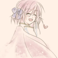 Rule 34 | 1girl, :d, armor, blush, bow, cape, closed eyes, commentary request, dated commentary, from behind, gauntlets, heart, lord knight (ragnarok online), open mouth, pauldrons, pink cape, pink hair, purple bow, ragnarok online, sharari, short hair, shoulder armor, simple background, smile, solo, upper body, waving