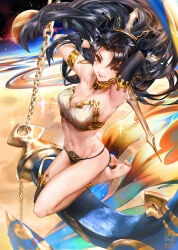1girl anklet armlet armpits arms_behind_head arms_up asymmetrical_legwear asymmetrical_sleeves b.c.n.y. bare_shoulders barefoot bikini black_bikini black_hair breasts bridal_gauntlets chain cleavage collarbone commentary_request detached_sleeves earrings fate/grand_order fate_(series) feet gold_trim heavenly_boat_maanna highres hoop_earrings ishtar_(fate) jewelry kneeling large_breasts long_hair long_legs looking_at_viewer mismatched_bikini navel neck_ring parted_bangs parted_lips photoshop_(medium) red_eyes single_detached_sleeve single_thighhigh smile soles solo space star_(sky) swimsuit sword thighhighs thighs tiara toeless_legwear toes two_side_up uneven_legwear uneven_sleeves weapon white_bikini