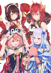4girls :d =_= absurdres ahoge ange_katrina ange_katrina_(valkyrie_hero) animal animal_ears animal_hood animal_on_head arm_guards arms_up banken_(inui_toko) bare_shoulders bell bird bird_on_hand black_collar black_dress black_gloves blue_dress blue_eyes blue_flower blue_hair blunt_bangs blush bow breasts brown_hair cleavage_cutout closed_mouth clothing_cutout collar commentary_request creature crossed_bangs detached_hood detached_sleeves dog_ears dress fingerless_gloves flower frilled_dress frills gauntlets gloves green_nails hair_between_eyes hair_flower hair_intakes hair_ornament heterochromia highres holding holding_creature hood hood_up inui_toko inui_toko_(valkyrie_hero) lize_helesta lize_helesta_(valkyrie_hero) long_hair looking_at_animal looking_at_another looking_down maid_headdress medium_hair mikaze_raika multicolored_hair multiple_girls nail_polish neck_bell nijisanji on_head open_mouth panda_hood pink_eyes pink_hair purple_eyes red_bow red_eyes red_hair rope sasaki_saku sasaki_saku_(valkyrie_hero) sebastian_piyodore shimenawa short_sleeves sidelocks simple_background small_breasts smile strapless strapless_dress streaked_hair swept_bangs two-tone_hair virtual_youtuber white_background white_gloves white_hair white_headdress white_sleeves yellow_bird yellow_eyes