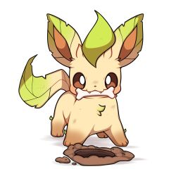 absurdres animal_focus bone brown_eyes brown_sclera colored_sclera dirt fangs full_body gen_4_pokemon highres hole leaf leafeon looking_at_viewer nintendo no_humans pokemon pokemon_(creature) pokemon_focus sevi_(seviyummy) simple_background smile tail white_background