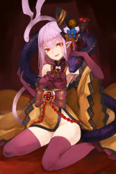 Rule 34 | 1girl, bare shoulders, breasts, commentary request, elbow gloves, fangs, full body, gloves, groin, hair between eyes, hair ornament, head tilt, japanese clothes, long hair, looking at viewer, medium breasts, obi, parted lips, pink hair, pink thighhighs, pointy ears, red eyes, saitou dousan (sengoku bushouki muramasa), sash, sengoku bushouki muramasa, sitting, smile, snake, thighhighs, totteri