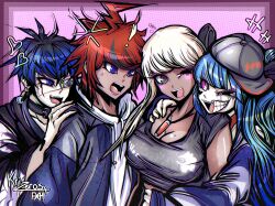 Rule 34 | !, 2boys, 2girls, amemiya darumi, arms around waist, black hair, black hat, blonde hair, blue eyes, blue hair, breasts, brown eyes, cleavage, crop top, dark-skinned female, dark skin, futurexhope, grey jacket, hand on another&#039;s shoulder, hat, head on another&#039;s shoulder, hoodie, huge breasts, jacket, japanese clothes, kawana tsubasa, looking at another, multicolored hair, multiple boys, multiple girls, omokage yugamu, open mouth, pink background, pink eyes, ponytail, red hair, short hair, striped clothes, sumino takumi, the hundred line -last defense academy-, twintails, upper body, white hoodie, yaoi, yuri