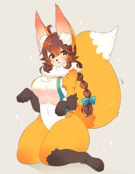 1girl :3 ahoge animal_ear_fluff animal_ears animal_feet animal_hands animal_nose blush bow braid breasts brown_fur brown_hair covered_navel fox_ears fox_girl fox_tail full_body furry furry_female green_bow green_eyes grey_background hair_bow highres large_breasts long_hair looking_to_the_side multicolored_fur neck_fur one-piece_swimsuit orange_fur original paw_pose simple_background single_braid sitting solo sparkle swimsuit tail thick_thighs thighs toconikky white_fur white_one-piece_swimsuit
