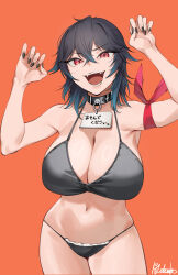 1girl :d arm_ribbon bare_shoulders belt_collar bikini black_bikini black_collar black_hair black_nails blue_hair breasts cleavage collar cowboy_shot fangs gradient_hair hands_up highres large_breasts medium_hair mitsukichi multicolored_hair navel oc-chan_(mitsukichi) open_mouth original red_background red_eyes red_ribbon ribbon signature simple_background slit_pupils smile solo standing stomach swimsuit v-shaped_eyebrows