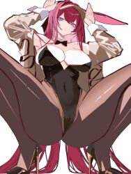 1girl absurdres alternate_costume animal_ears arknights black_bow black_bowtie black_leotard black_shoes blue_eyes bow bowtie breasts brown_jacket brown_pantyhose cameltoe cleavage commentary covered_navel detached_collar double-parted_bangs expressionless full_body hair_between_eyes hat high_heels highleg highleg_leotard highres jacket large_breasts leotard long_hair looking_at_viewer m_legs open_clothes open_jacket pantyhose parted_lips playboy_bunny rabbit_ears rabbit_girl rabbit_pose ray_(arknights) red_hair shoes simple_background single_ear_down solo squatting strapless strapless_leotard traditional_bowtie very_long_hair visor_cap vxdrq white_background yellow_hat