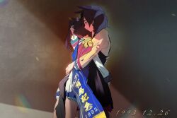 Rule 34 | 2girls, animal ears, black dress, brown hair, brown shirt, cape, closed mouth, dress, ear covers, earrings, feet out of frame, hand on another&#039;s head, highres, horse ears, horse girl, horse tail, hug, jacket, jewelry, lens flare, long hair, long sleeves, multiple girls, mutual hug, nice nature (umamusume), ponytail, shade, shirt, skirt, standing, tail, timestamp, tokai teio (umamusume), twintails, umamusume, utsuru4, white jacket, white skirt