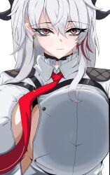 1girl absurdres black_choker breast_press breasts button_gap chest_harness choker closed_mouth collared_shirt commentary earrings gato-san grey_hair hair_between_eyes harness highres huge_breasts jewelry key_earrings long_hair looking_at_viewer multicolored_hair necktie red_eyes red_necktie shirt solo streaked_hair upper_body white_shirt wuthering_waves zani_(wuthering_waves)