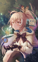 1girl ahoge apple breasts brown_capelet brown_cloak brown_corset capelet cleavage cleavage_cutout cloak clothing_cutout corset crying crying_with_eyes_open falling_leaves feather_hair_ornament feathers foliage food forest friend_(nanashi_mumei) fruit glitch gloves golden_apple hair_ornament hairclip hands_up highres hololive hololive_english leaf light_particles long_hair medium_breasts mihaeru nanashi_mumei nanashi_mumei_(1st_costume) nature partially_fingerless_gloves pink_nails pocket_watch ponytail red_skirt ribbon runes shirt single_thighhigh skirt tearing_up tears thighhighs very_long_hair virtual_youtuber watch white_shirt