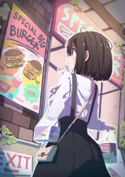 1girl ad ahoge bag black_skirt bob_cut breasts brown_eyes brown_hair burger closed_mouth cowboy_shot donut exit_sign facing_away food frills from_behind handbag highres holding holding_bag kagawa_yuusaku long_sleeves looking_at_object medium_breasts medium_hair menu original overalls shirt shopping_bag sign skirt solo white_shirt
