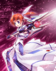 Rule 34 | 10s, 1girl, blue eyes, brown hair, female focus, lyrical nanoha, mahou shoujo lyrical nanoha, mahou shoujo lyrical nanoha the movie 1st, raising heart, raising heart (cannon mode), solo, staff, takamachi nanoha, takamachi nanoha (movie 1st mode), tom (1art.), twintails