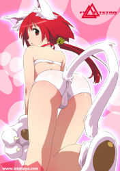 Rule 34 | 1girl, :o, animal ears, animal hands, ass, bell, cat ears, cat tail, claws, female focus, gloves, hair bell, hair ornament, io takuya, long hair, looking back, paw gloves, paw shoes, ponytail, red eyes, red hair, solo, tail