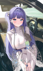 1girl angrycat_(tkuw2438) arcana_(nikke) blue_eyes blush breasts car car_interior commentary covered_navel dress earrings goddess_of_victory:_nikke highres jewelry large_breasts long_hair looking_at_viewer motor_vehicle ring side_ponytail solo steering_wheel very_long_hair white_dress zipper_dress
