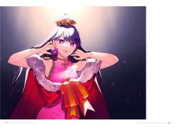 bare_shoulders cape china_dress chinese_clothes crown dress earrings highres hoshino_ai jewelry long_hair looking_at_viewer official_art oshi_no_ko pink_dress purple_eyes purple_hair red_cape ribbon tongue tongue_out usasaki_shiro yokoyari_mengo