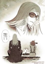 1boy 1girl ahoge black_gloves black_shirt blonde_hair campfire cigarette closed_eyes fate/grand_order fate_(series) fire fujimaru_ritsuka_(female) fujimaru_ritsuka_(female)_(decisive_battle_chaldea_uniform) glasses gloves highres long_hair meiji_ken orange_hair shirt short_hair smoking speech_bubble tezcatlipoca_(fate) twitter_username