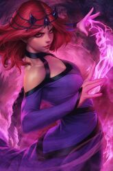 Rule 34 | 1girl, amaranth (marvel), breasts, brown eyes, dress, highres, looking at viewer, magic, marvel, medium breasts, new champions, purple dress, red hair, short hair, solo, stanley lau, textless version