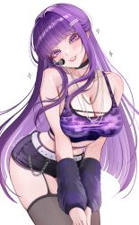 Rule 34 | 1girl, absurdres, alternate costume, arched bangs, bare shoulders, black shorts, black thighhighs, blush, breasts, chaisia art, cleavage, collarbone, commentary, crop top, english commentary, fern (sousou no frieren), highres, large breasts, leaning forward, long hair, looking at viewer, navel, open mouth, parted lips, purple eyes, purple hair, short shorts, shorts, simple background, solo, sousou no frieren, stomach, thighhighs, twitter username, very long hair, white background