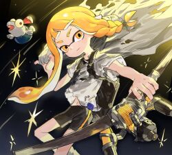 agent_3_(splatoon_3) asymmetrical_hair bike_shorts black_background black_shorts blonde_hair braid cape closed_mouth cowboy_shot eyebrow_cut falling gam_(99jellys) gradient_background grey_cape hand_up holding holding_unworn_cape holding_unworn_clothes holding_weapon ink_tank_(splatoon) inkling light_smile long_hair looking_at_viewer midair midriff_peek navel nintendo orange_eyes outstretched_arm pointy_ears print_shirt shirt short_sleeves shorts smallfry_(splatoon) solo splatoon_(series) splatoon_3 torn_cape torn_clothes torn_shirt tri-stringer_(splatoon) unworn_cape weapon white_shirt