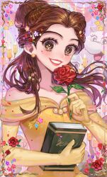 2girls animification beauty_and_the_beast_(disney) belle_(disney) breasts brown_eyes brown_hair dress earrings elbow_gloves gloves highres jewelry long_hair looking_at_viewer micha mrs._potts multiple_girls ponytail smile yellow_dress