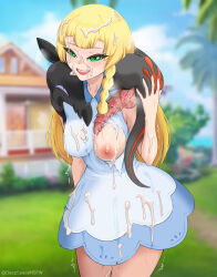 1girl 1other aftersex animal_penis blonde_hair breasts creatures_(company) cum cum_on_body cum_on_breasts cum_on_clothes cum_on_hair cum_on_upper_body deepspace facial game_freak gen_7_pokemon green_eyes highres lillie_(pokemon) medium_breasts nintendo nipples one_breast_out outdoors penis pokemon pokemon_sm pokephilia salandit torn_clothes