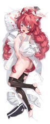 1girl animal_ear_fluff animal_ears ass asymmetrical_legwear bed_sheet black_thighhighs blue_archive blue_eyes blush borrowed_clothes braid breasts cat_ears cat_tail commentary_request dakimakura_(medium) frilled_pillow frills full_body groin hair_between_eyes halo heavy_breathing highres kemonomimi_mode loli long_hair long_sleeves looking_at_viewer low_twin_braids lying maki_(blue_archive) mismatched_legwear naughty_face navel no_panties nose_blush on_bed on_side open_mouth paint_splatter patanda pillow puffy_long_sleeves puffy_sleeves red_hair red_halo saliva saliva_trail shirt shorts small_breasts socks soles stirrup_legwear sweat tail thighhighs thighs toeless_legwear toes tongue tongue_out torn_clothes torn_thighhighs twin_braids unbuttoned unbuttoned_shirt unworn_shorts unworn_socks white_shirt white_socks yes-no_pillow