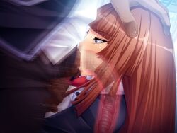 00s 1girl ahegao aoi_nagisa_(metalder) blue_eyes brown_hair censored cum cum_in_mouth cum_in_throat deepthroat eyelashes fellatio gloves gokkun half-closed_eyes hand_on_head hime_cut koukawa_asuka lilith-soft oral penis swallowing sweat taimanin_(series) taimanin_asagi taimanin_asagi_3