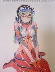 Rule 34 | 1girl, between legs, bodysuit, colored pencil (medium), cone horns, crossover, glasses, hand between legs, highres, horns, lum, mecha pilot suit, neon genesis evangelion, orange eyes, own hands together, pointy ears, red-framed eyewear, red bodysuit, sidelocks, sitting, solo, tomo okame0106, traditional media, urusei yatsura, wariza