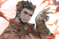 Rule 34 | 1boy, absurdres, alca (wakatanka4), bara, beard, black hair, facial hair, fire, gyee, hand up, head tilt, highres, lion boy, male focus, mature male, necklace in mouth, original, pyrokinesis, quirrel (gharnedanshyo), short hair, solo, thick eyebrows, upper body