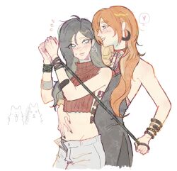 Rule 34 | 2girls, aespa, bekwhw, black dress, black hair, black nails, blue eyes, blush, bound, bound wrists, bracelet, closed mouth, cropped sweater, dress, earrings, flying sweatdrops, freckles, hand on another&#039;s stomach, hand on another&#039;s waist, heart, highres, hoop earrings, jewelry, k-pop, long hair, mole, mole under eye, multiple girls, orange hair, pants, real life, red sweater, simple background, smile, spoken heart, sweatdrop, sweater, white background, white pants, yuri