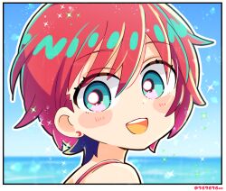 1girl amate_yuzuriha aqua_eyes artist_name blurry blurry_background blush blush_stickers border from_side gundam gundam_gquuuuuux looking_at_viewer namu76 ocean open_mouth outdoors red_hair short_hair smile solo sparkle strap teeth upper_teeth_only white_border