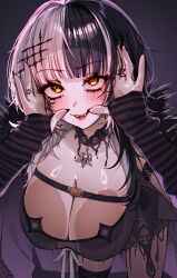 1girl black_arm_warmers black_dress black_hair black_nails breasts cleavage dress fangs grey_hair hanging_breasts highres hololive hololive_english huge_breasts multicolored_hair shiori_novella shiori_novella_(1st_costume) solo split-color_hair striped_arm_warmers teeth two-tone_hair virtual_youtuber waytok yellow_eyes