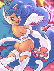 1girl animal_ears animal_hands ass bare_shoulders blue_hair breasts cat_ears cat_tail dark-skinned_female dark_skin darkstalkers felicia_(darkstalkers) from_behind green_eyes large_breasts lips long_hair looking_back tail very_long_hair white_fur zombie_ernie