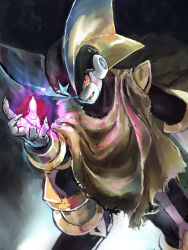 Rule 34 | 1boy, bass.exe (mega man), black background, black bodysuit, black helmet, bodysuit, brown cloak, cloak, cowboy shot, facial mark, fangs, forehead jewel, helmet, male focus, mega man (series), mega man battle network (series), netnavi, parted lips, red eyes, solo, tumitumi