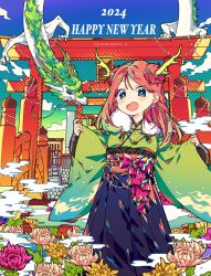 1girl 2024 :d absurdres antlers blue_eyes blue_hakama blush_stickers commentary dragon eastern_dragon fang flower gradient_hair green_hair green_kimono hakama hakama_skirt happy_new_year highres horns japanese_clothes kimono long_sleeves looking_at_viewer multicolored_hair new_year notamaru_2 obi open_mouth original outdoors pink_flower red_hair sash skirt smile solo standing torii twitter_username two-tone_hair wide_sleeves yellow_flower yellow_horns yellow_pupils