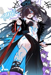 +++ 1girl absurdres animal_ear_fluff animal_ears black_hair blue_eyes body_markings breasts breasts_apart cat_(nyanko_daisensou) cat_ears commentary dark_kasli_(nyanko_daisensou) detached_collar ebora english_commentary english_text fang feather_boa groin hair_over_one_eye hairband headpiece highres holding holding_leash holding_staff leash long_hair looking_down navel nyanko_daisensou open_mouth revealing_clothes sandals shaded_face slit_pupils small_breasts smile solo staff stepped_on toes very_long_hair