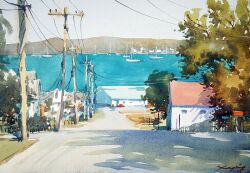 boat building bush day lake nara_watercolor no_humans original painting_(medium) power_lines road scenery shadow sunlight town traditional_media tree tree_shade utility_pole water watercolor_(medium) watercraft