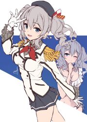 Rule 34 | 1girl, beret, bikini, blue eyes, breasts, commentary request, cowboy shot, epaulettes, frilled bikini, frilled sleeves, frills, gloves, grey hair, grey skirt, hat, highres, jacket, kantai collection, kashima (kancolle), large breasts, long hair, long sleeves, looking at viewer, military jacket, military uniform, minosu, multiple views, neckerchief, pleated skirt, red neckerchief, skirt, swimsuit, twintails, unfinished, wavy hair, white bikini, white gloves