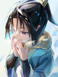1boy black_hair blue_haori breath cold from_above fur_collar half-closed_eyes hands_up haori highres houjou_tokiyuki_(nige_jouzu_no_wakagimi) japanese_clothes light_particles long_hair long_sleeves male_focus moruru_08 motoyui nige_jouzu_no_wakagimi open_mouth parted_bangs ponytail purple_eyes sidelocks_tied_back snow solo warming_hands wide_sleeves