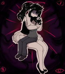 Rule 34 | 1boy, 1girl, andrew graves, black hair, bow, breasts, chair, closed eyes, crying, dress, full body, hair bow, high heels, highres, holding, hug, long hair, looking at viewer, medium breasts, miniskirt, mother and son, nickben12, original, ponytail, renee graves, shaded face, shirt, shoes, sitting, sitting on person, skirt, sweater, the coffin of andy and leyley, thick thighs, thighs