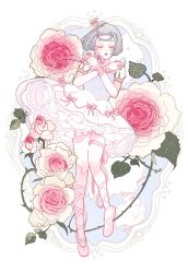 1girl ballet_slippers blunt_bangs closed_eyes crown dress eyelashes eyeshadow flower frilled_dress frills grey_hair highres leaf lips makeup mini_crown original parted_lips picture_frame pink_flower pink_ribbon pink_rose ribbon rose rouge_(makeup) short_hair solo thorns white_background yukikoutya