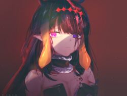 1girl absurdres alinfaeleas animal_ears artist_name bare_shoulders black_collar black_dress black_hair blood blood_on_face blue_eyes breasts collar commentary dress expressionless fur-trimmed_collar fur_trim glowing glowing_eyes gradient_hair headpiece heterochromia highres hololive hololive_english long_hair looking_at_viewer multicolored_hair ninomae_ina&#039;nis ninomae_ina&#039;nis_(1st_costume) orange_hair pink_eyes pointy_ears red_background sidelocks signature slit_pupils small_breasts solo straight_hair strapless strapless_dress tentacle_hair upper_body virtual_youtuber