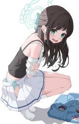 1girl absurdres airi_(band)_(blue_archive) airi_(blue_archive) black_camisole blue_archive blue_jacket blush bow bra brown_hair camisole commentary green_bow green_bra green_eyes green_halo green_panties hair_bow halo highres jacket long_hair looking_at_viewer miniskirt no_shoes official_alternate_costume open_mouth panties pleated_skirt polka_dot polka_dot_panties shijima_(shijima_tc) shirt simple_background skirt socks solo squatting tearing_up underwear unworn_clothes wardrobe_malfunction white_background white_shirt white_skirt white_socks