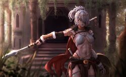 1girl absurdres bandaged_arm bandages breasts earrings female_focus hair_over_one_eye highres jewelry long_hair looking_at_viewer medium_breasts original outdoors solo standing tagme warrior weapon white_hair yellow_eyes