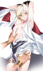 2boys absurdres armpits asura_(onmyoji) bishounen black_hair blonde_hair closed_mouth embarrassed eyeliner green_eyes hand_on_another&#039;s_thigh highres jewelry konsai_2 long_hair looking_at_viewer makeup male_focus multicolored_hair multiple_boys multiple_rings nipples onmyoji red_eyeliner red_hair ring short_hair simple_background skinny streaked_hair taishakuten_(onmyoji) two-tone_hair white_background yaoi